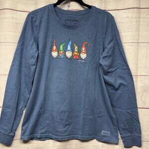 Life is Good Women's Large Gnome Peace Crusher Long Sleeve Tee Blue Cotton